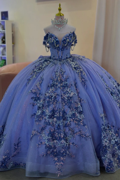 Off Shoulder Sleeveless Beaded Sequins Appliques Bow Knot Lilac Sweet 15 Quinceañera Dress
