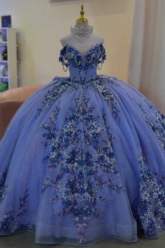 Off Shoulder Sleeveless Beaded Sequins Appliques Bow Knot Lilac Sweet 15 Quinceañera Dress