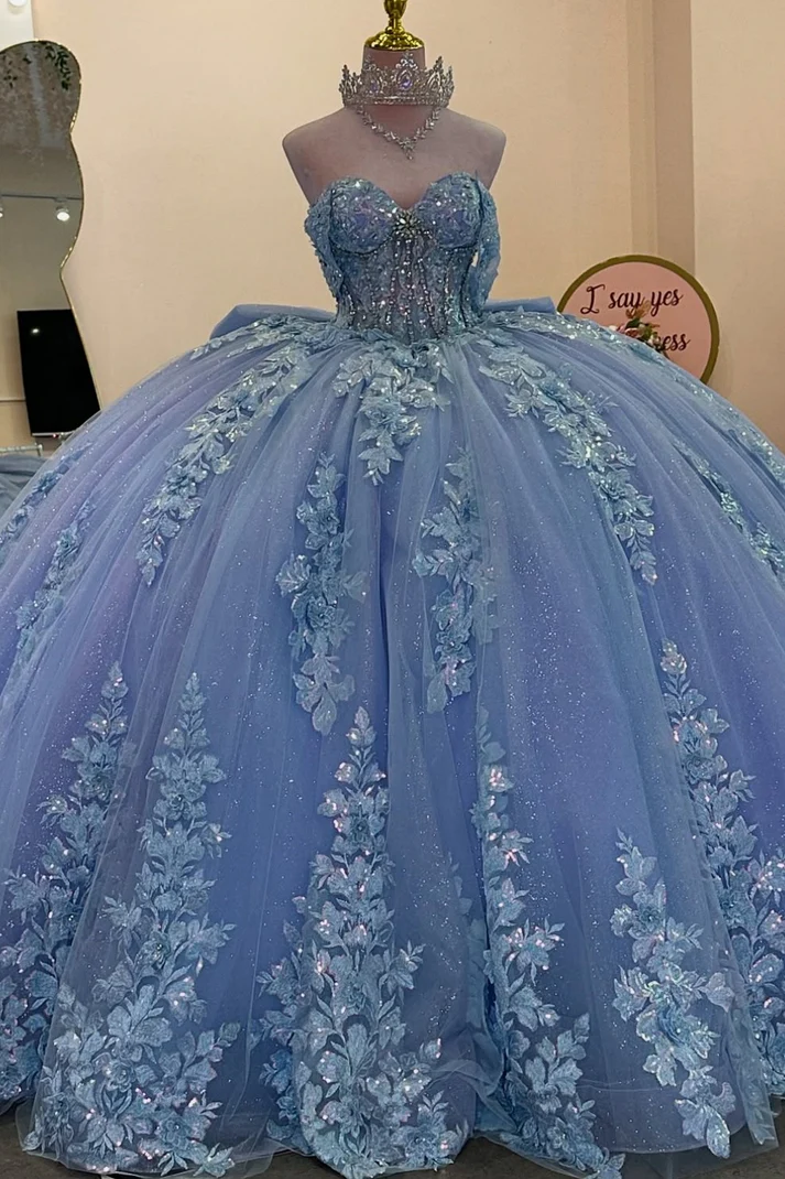 Off Shoulder Sleeveless Beaded Sequins Appliques Ruffles Bow Knot Blue Sweet 15 Quinceañera Dress