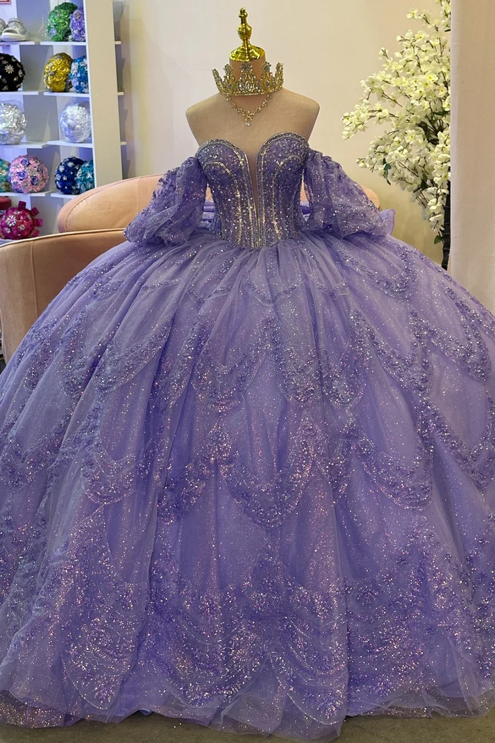 Off Shoulder Sleeves Beaded Sequins Appliques Bow Knot Ruffles Lilac Sweet 15 Quinceañera Dress