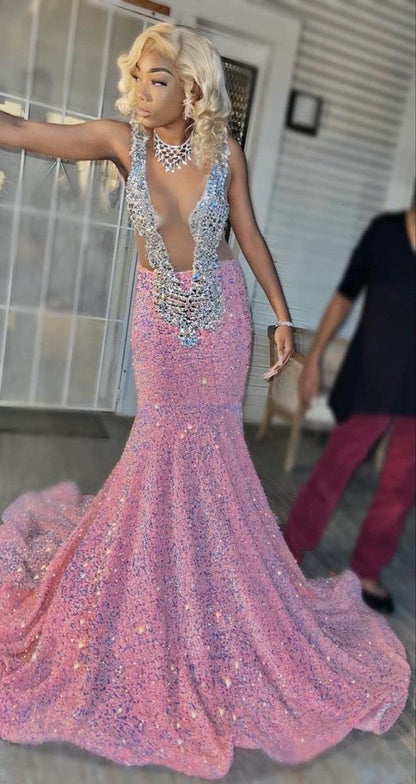 Robes de bal roses scintillantes, robe de soirée sirène rose à paillettes sexy pour bal de promo