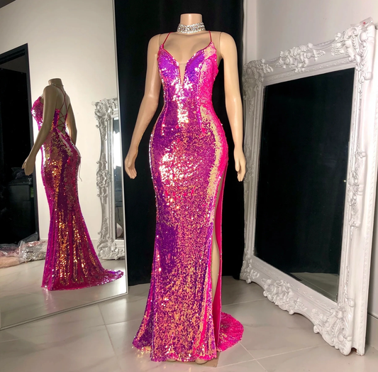 Pink Backless Sexy Long Black Girls Prom Dresses Mermaid Sequins Sparkle Slit Prom Party Gowns Customized