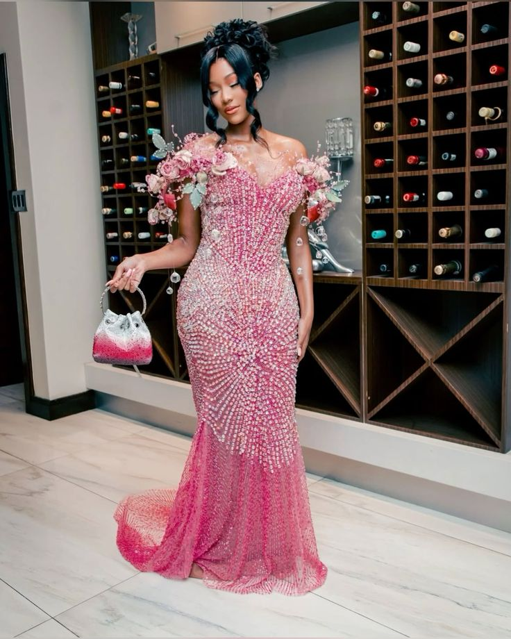 Pink Off The Shoulder Prom Dress Diamonds Mermaid Evening Gowns Formal Party Dress Customized