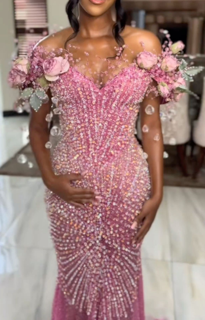 Pink Off The Shoulder Prom Dress Diamonds Mermaid Evening Gowns Formal Party Dress Customized