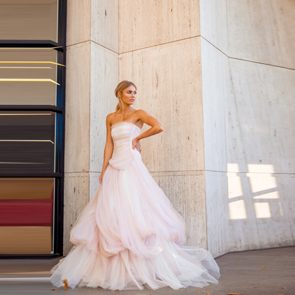 Pink Puffy Prom Gowns Lush Layered Strapless Party Dress Custom Made Long Prom Gown Soft Tulle Sleeveless