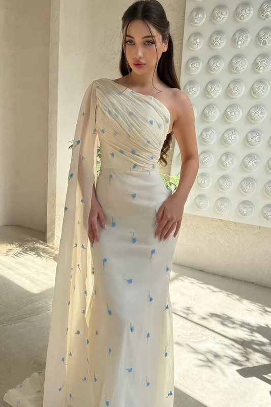 Pretty Asymmetrical One Shoulder Chiffon Mermaid Prom Dresses Column With Ruffle