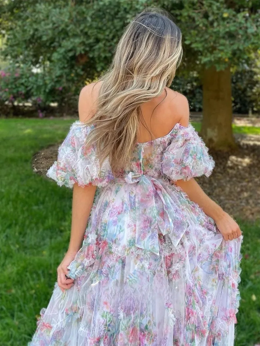 Princess Off Shoulder Prom Dresses Floral Short Sleeves Ruffles Floor Length Formal Evening Gown Graduation Dress