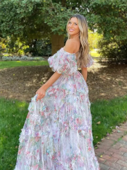 Princess Off Shoulder Prom Dresses Floral Short Sleeves Ruffles Floor Length Formal Evening Gown Graduation Dress