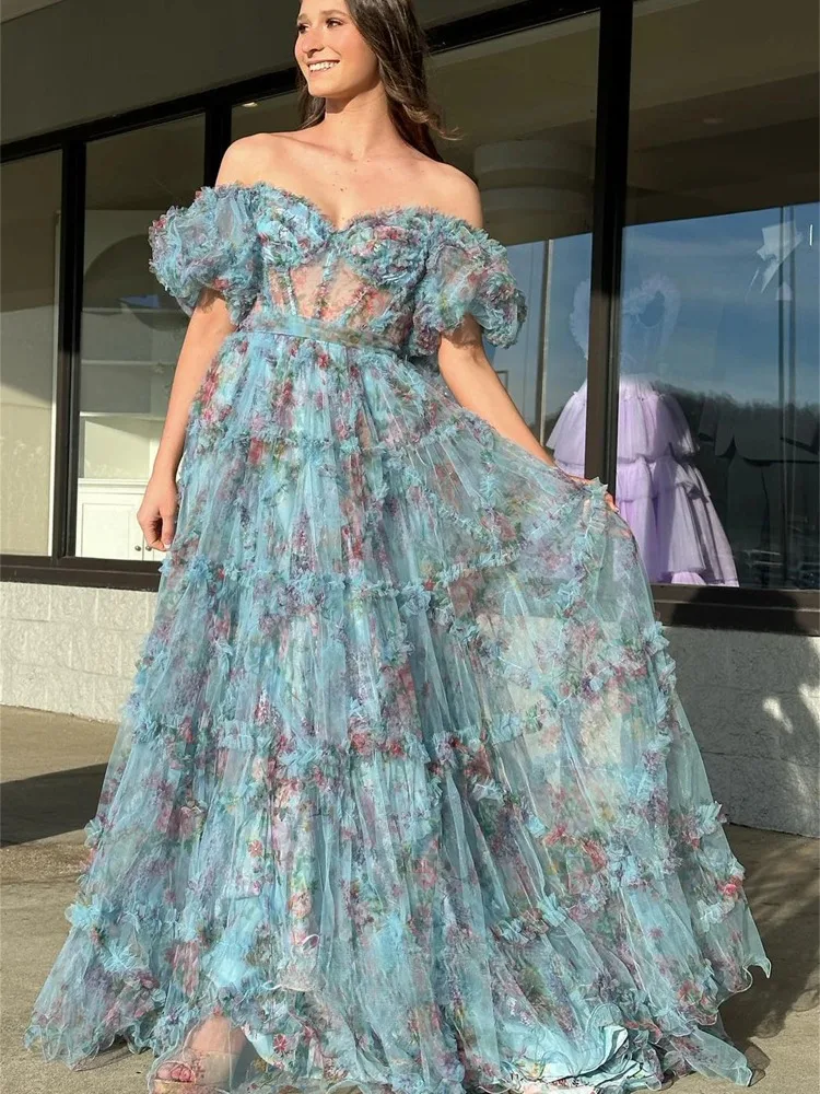 Princess Off Shoulder Prom Dresses Floral Short Sleeves Ruffles Floor Length Formal Evening Gown Graduation Dress