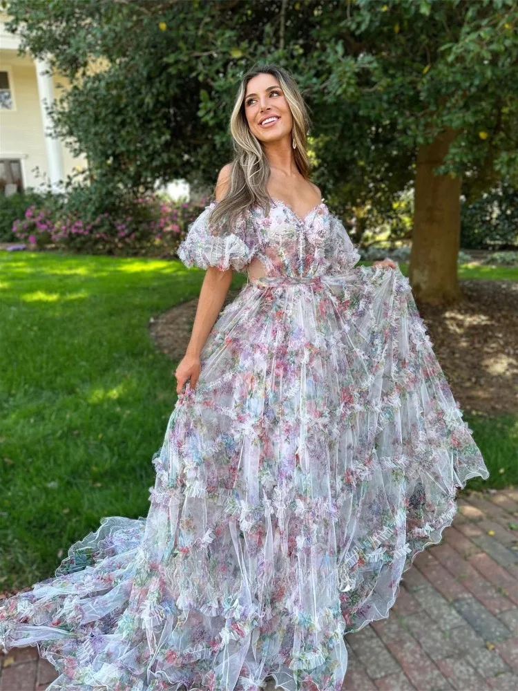 Princess Off Shoulder Prom Dresses Floral Short Sleeves Ruffles Floor Length Formal Evening Gown Graduation Dress