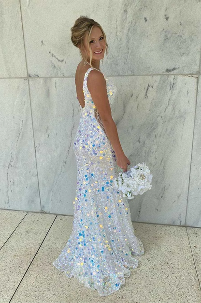 Robe de bal longue à paillettes et col en V style sirène