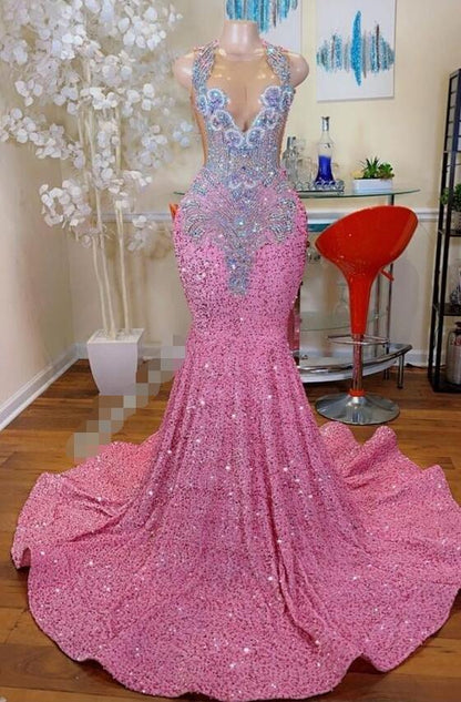 Robe de bal longue sirène à paillettes scintillantes