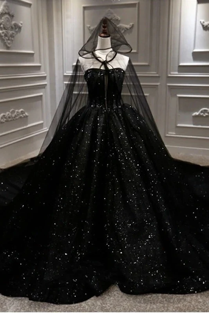 Robe de bal princesse noire à paillettes brillantes sans bretelles
