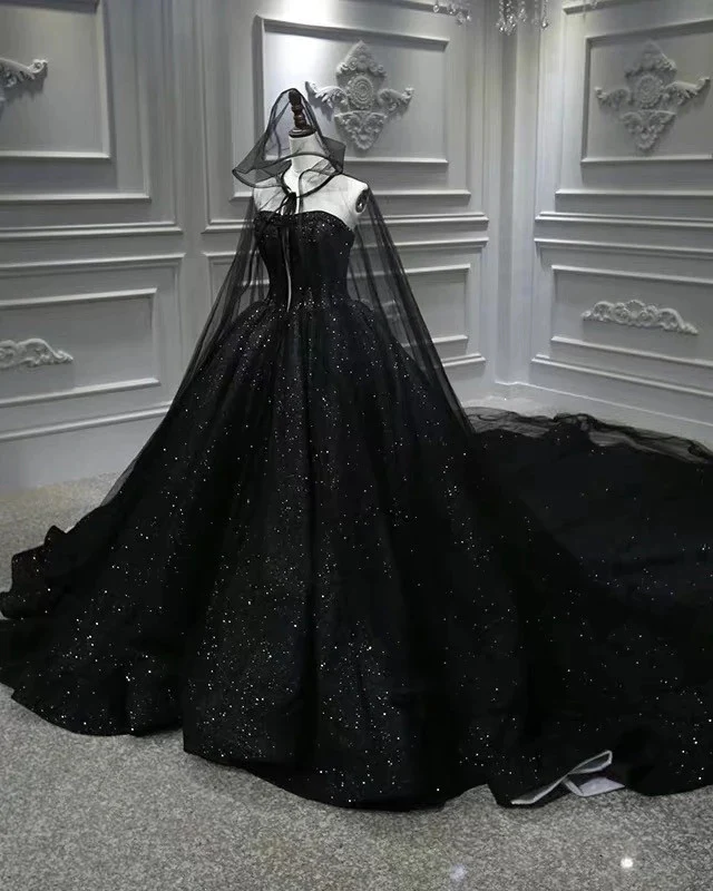Robe de bal princesse noire à paillettes brillantes sans bretelles