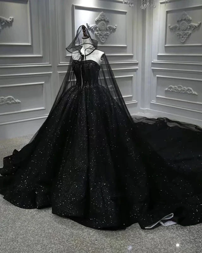 Robe de bal princesse noire à paillettes brillantes sans bretelles