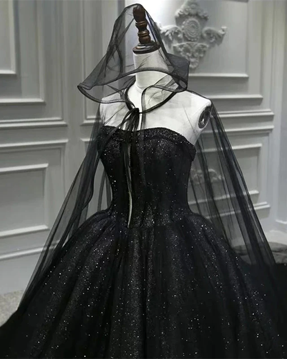 Robe de bal princesse noire à paillettes brillantes sans bretelles