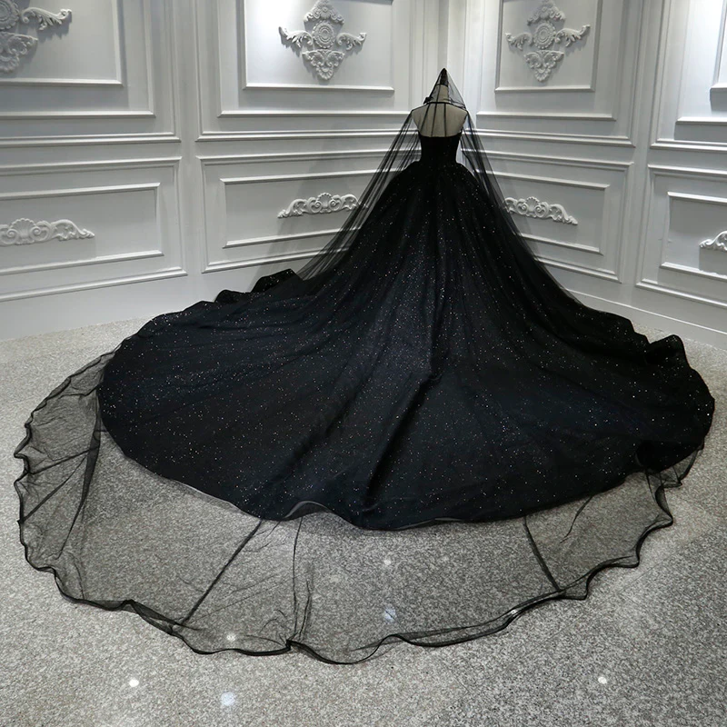 Robe de bal princesse noire à paillettes brillantes sans bretelles