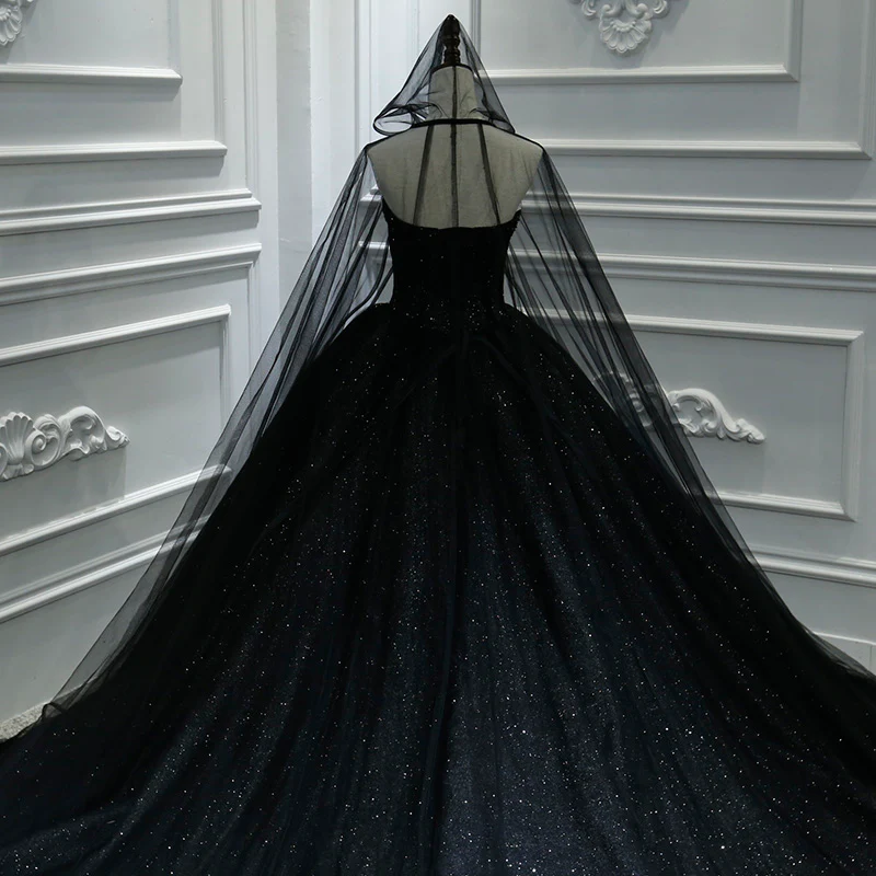 Robe de bal princesse noire à paillettes brillantes sans bretelles