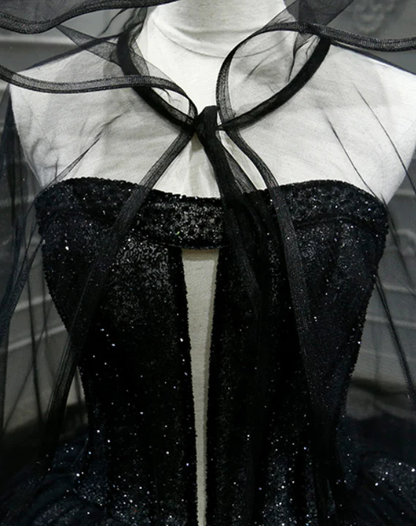 Robe de bal princesse noire à paillettes brillantes sans bretelles