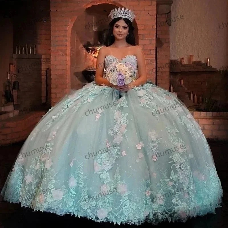 robe de quinceanera vert menthe, robe de bal rose