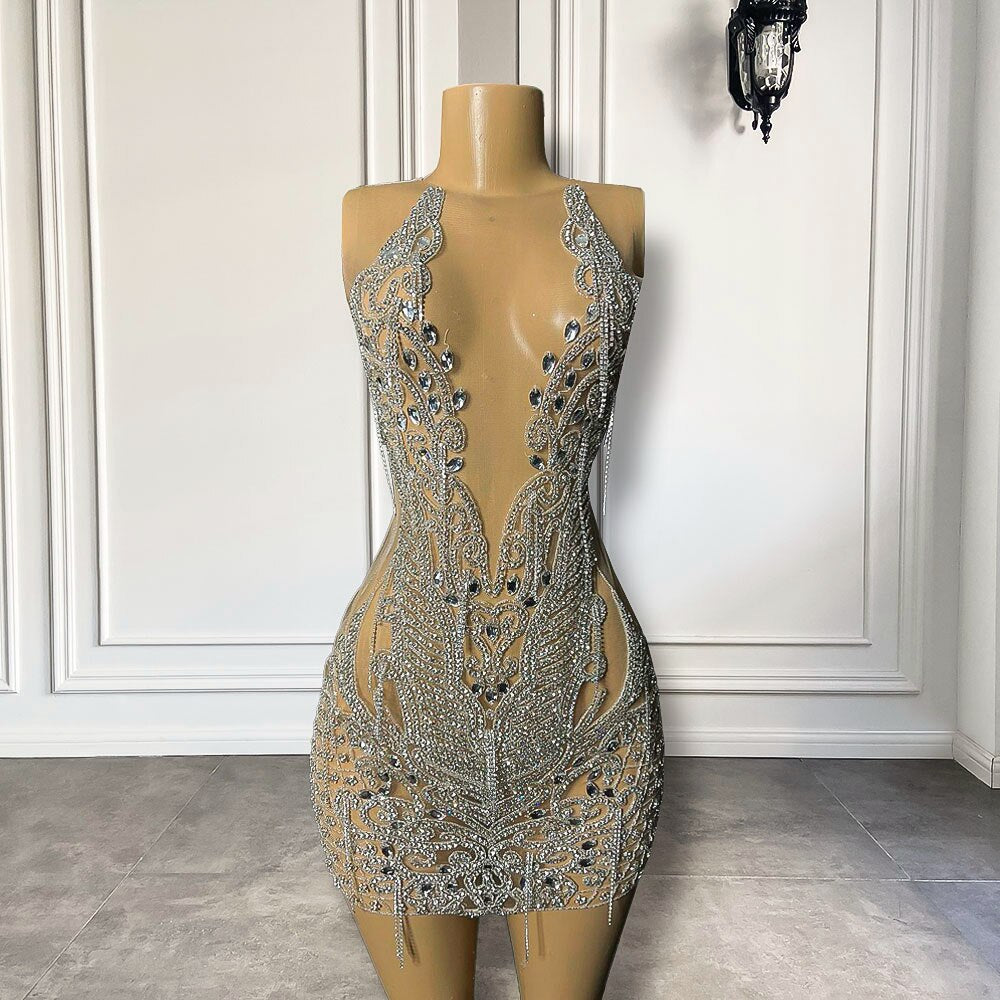 Vestidos curtos de baile pretos transparentes e sensuais para meninas, luxuosos, com cristais prateados e diamantes, minivestidos formais para festa de aniversário 