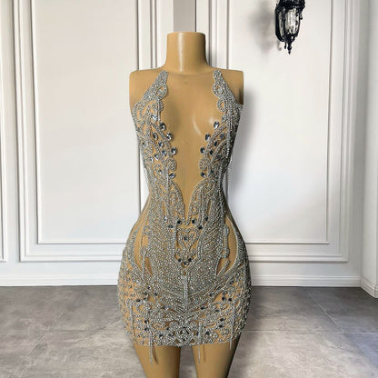 Vestidos curtos de baile pretos transparentes e sensuais para meninas, luxuosos, com cristais prateados e diamantes, minivestidos formais para festa de aniversário 