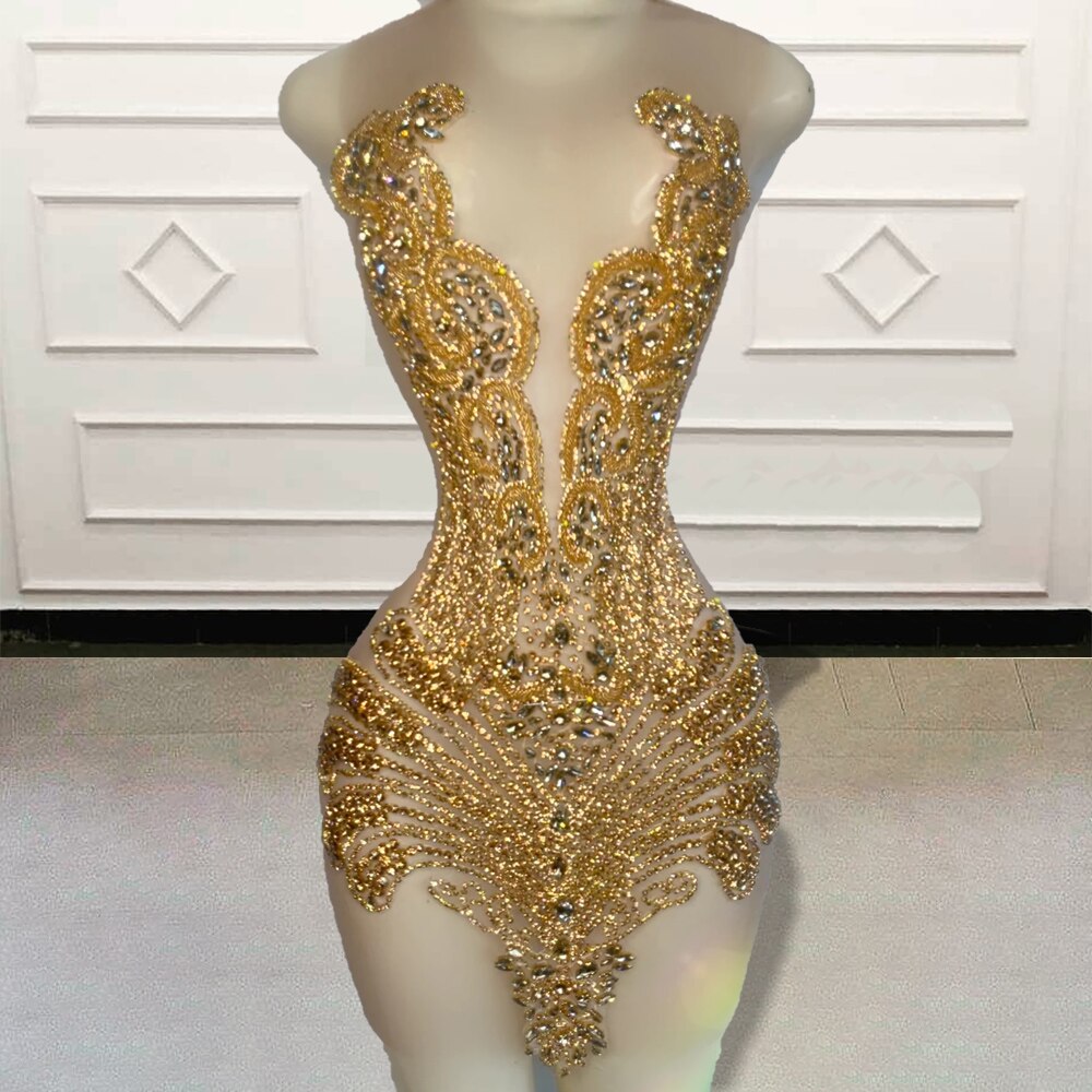 Sexy Sheer Short Prom Dresses 2023 Stunning Crystal Beaded Diamond Black Girls Mini Cocktail Gown for Birthday Party Custom Made