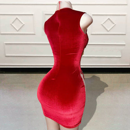 Robe de bal courte rouge diamant de luxe pour fête d'anniversaire, appliques perlées, robe de cocktail sexy transparente pour femmes