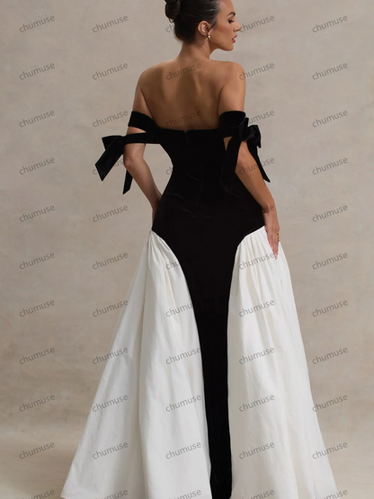 Velvet Long Evening Dresses Sweetheart Bow Straps Modest Formal Party Dress Evening Gowns