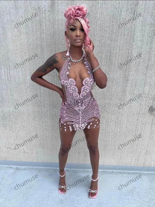 Vestido corto rosa brillante para fiesta de graduación, de malla transparente con cristales y diamantes de lujo 