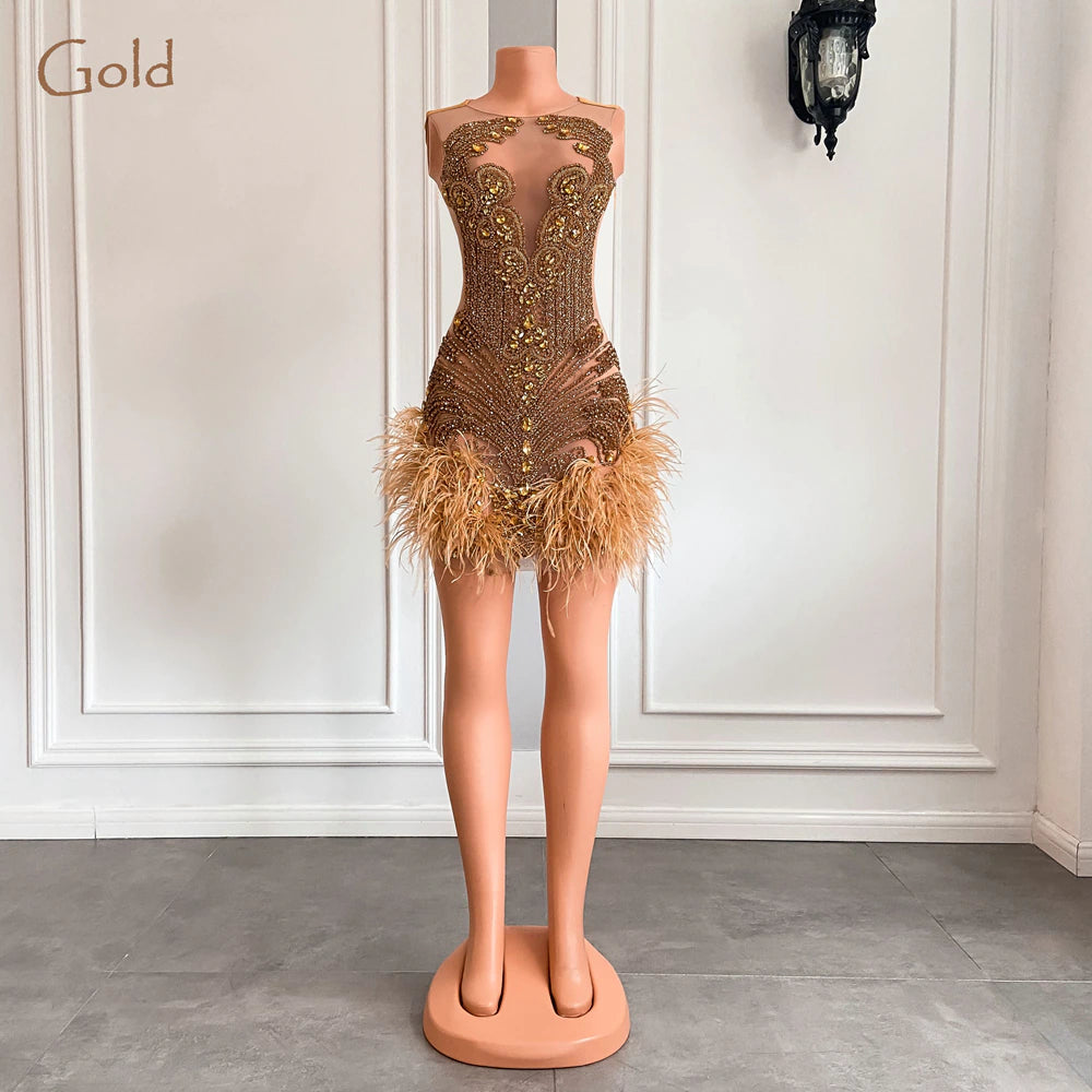 Robe d'anniversaire de luxe rose diamant pour femme, sexy, transparente, plumes, pour occasion formelle, cocktail, robes de bal courtes noires pour filles 