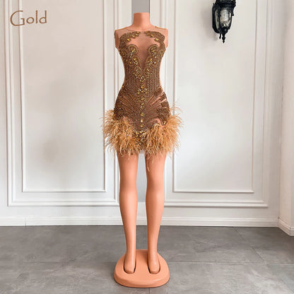 Robe d'anniversaire de luxe rose diamant pour femme, sexy, transparente, plumes, pour occasion formelle, cocktail, robes de bal courtes noires pour filles 