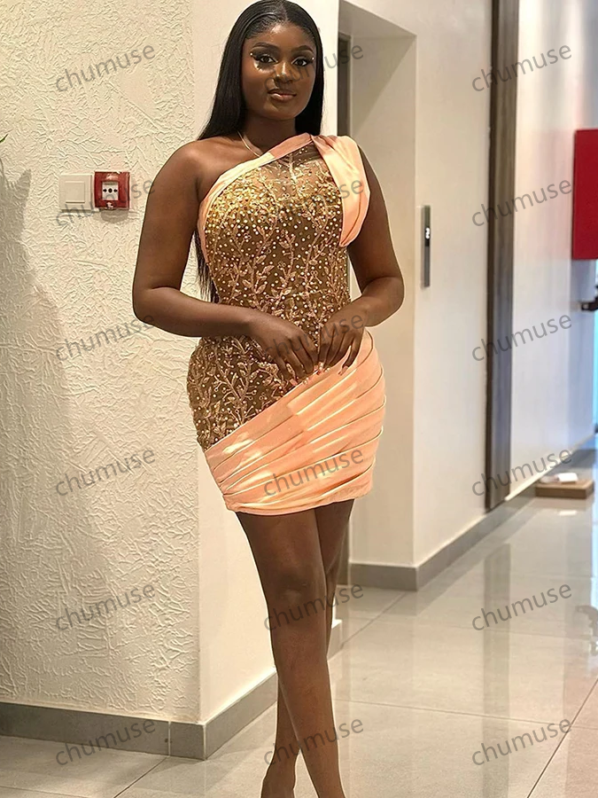 Robe de bal courte à une épaule, en dentelle, avec des appliques et des perles, froncée, robe de soirée formelle pour femmes africaines, robe de cocktail