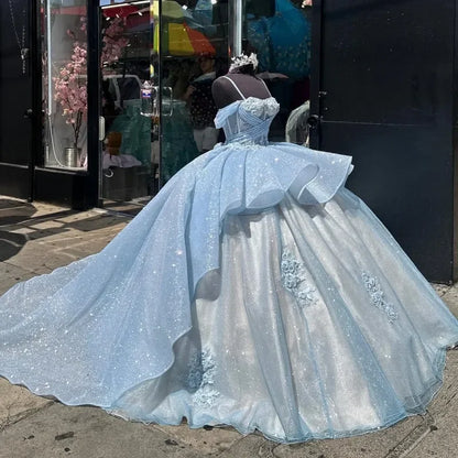 Robe de Quinceanera bleu ciel, décolleté en cœur, appliques personnalisées, paillettes, fleurs 3D, robe de bal princesse pour 16 ans