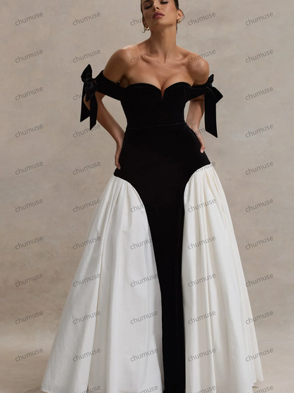 Velvet Long Evening Dresses Sweetheart Bow Straps Modest Formal Party Dress Evening Gowns