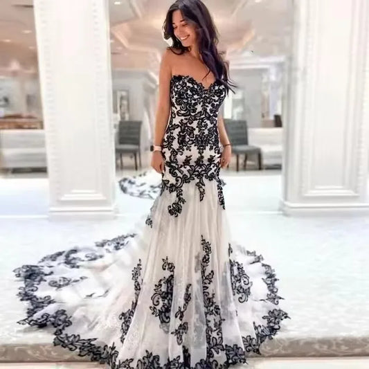 Vestido de novia de sirena con encaje negro, escote corazón, sin mangas, largo, gótico, estilo bohemio, elegante, personalizado, 2025