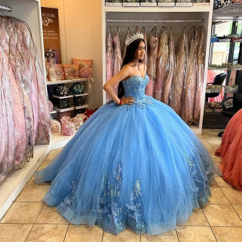 Vestidos de quinceañera de princesa con apliques de tul brillante y cola de corte para mascarada, vestidos de cumpleaños de Cenicienta.