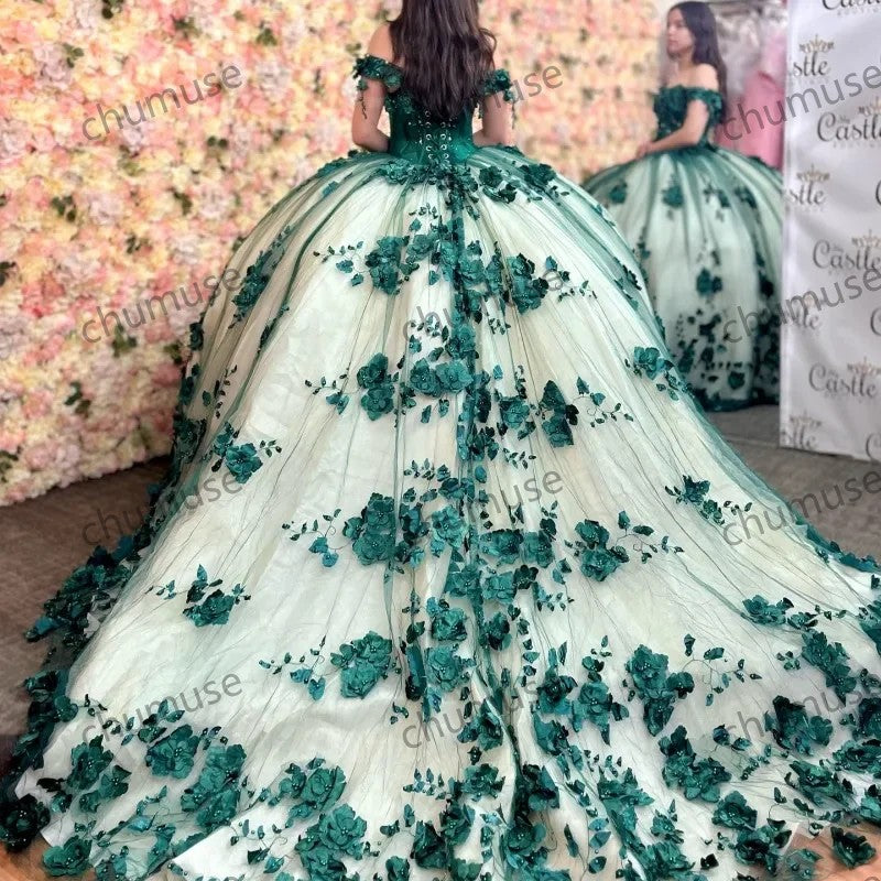 Vestidos de quinceanera verde ombro a ombro com tule, flores 3D, miçangas, concurso de beleza, aniversário 