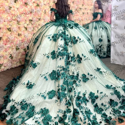 Vestidos de quinceanera verde ombro a ombro com tule, flores 3D, miçangas, concurso de beleza, aniversário 