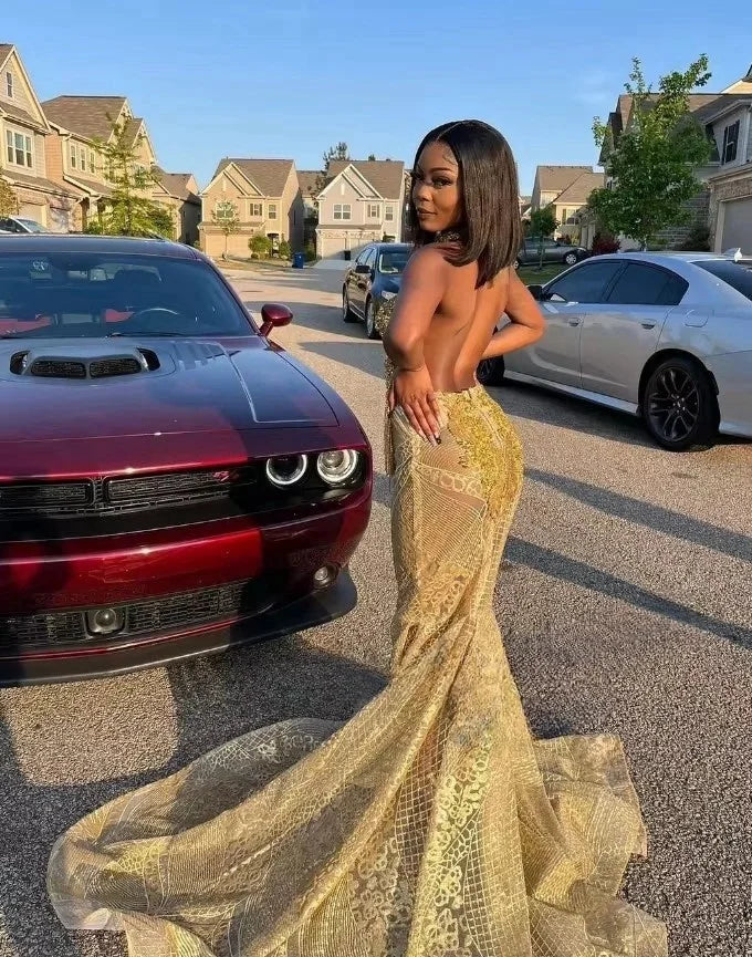 Robe de soirée sirène sexy à paillettes dorées, avec appliques en cristal scintillant, découpes, robes d'anniversaire personnalisées, 2025