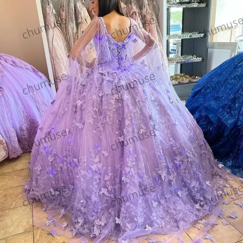 Vestidos de princesa lilás lavanda para 15 anos, capa bufante, com cadarço, para festa de 15 anos 