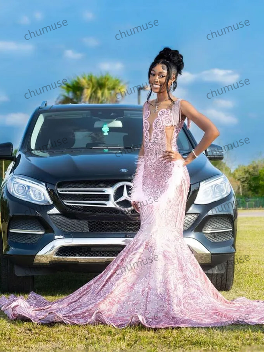Vestido longo de festa de aniversário com sereia e brilhantes, vestido de noite com lantejoulas e penas de cristal e diamantes Gillter