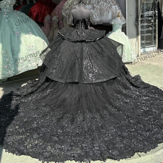 فساتين Quinceanera سوداء فستان De 15 Años مطرز بالدانتيل الكريستالي الحلو 16 فستان 