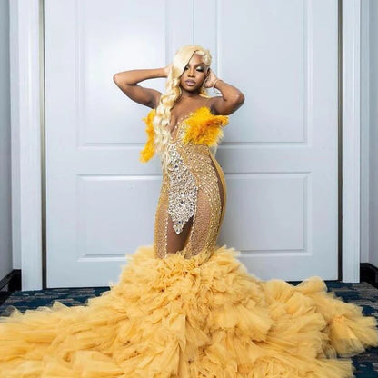 Hermosos vestidos de fiesta de sirena con cuello transparente, apliques de encaje, volantes de cuentas, cola, vestidos de noche sin espalda, vestidos de fiesta formales para mujer