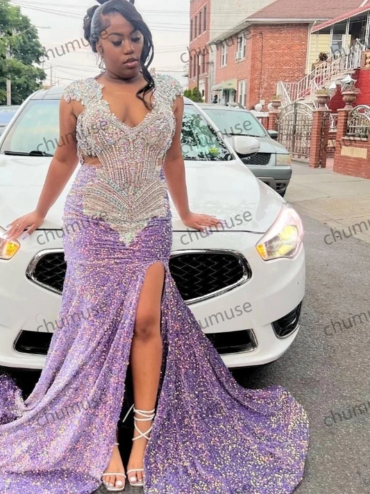 Vestido de baile roxo com lantejoulas para meninas negras, vestido de festa com fenda alta e cristais prateados 