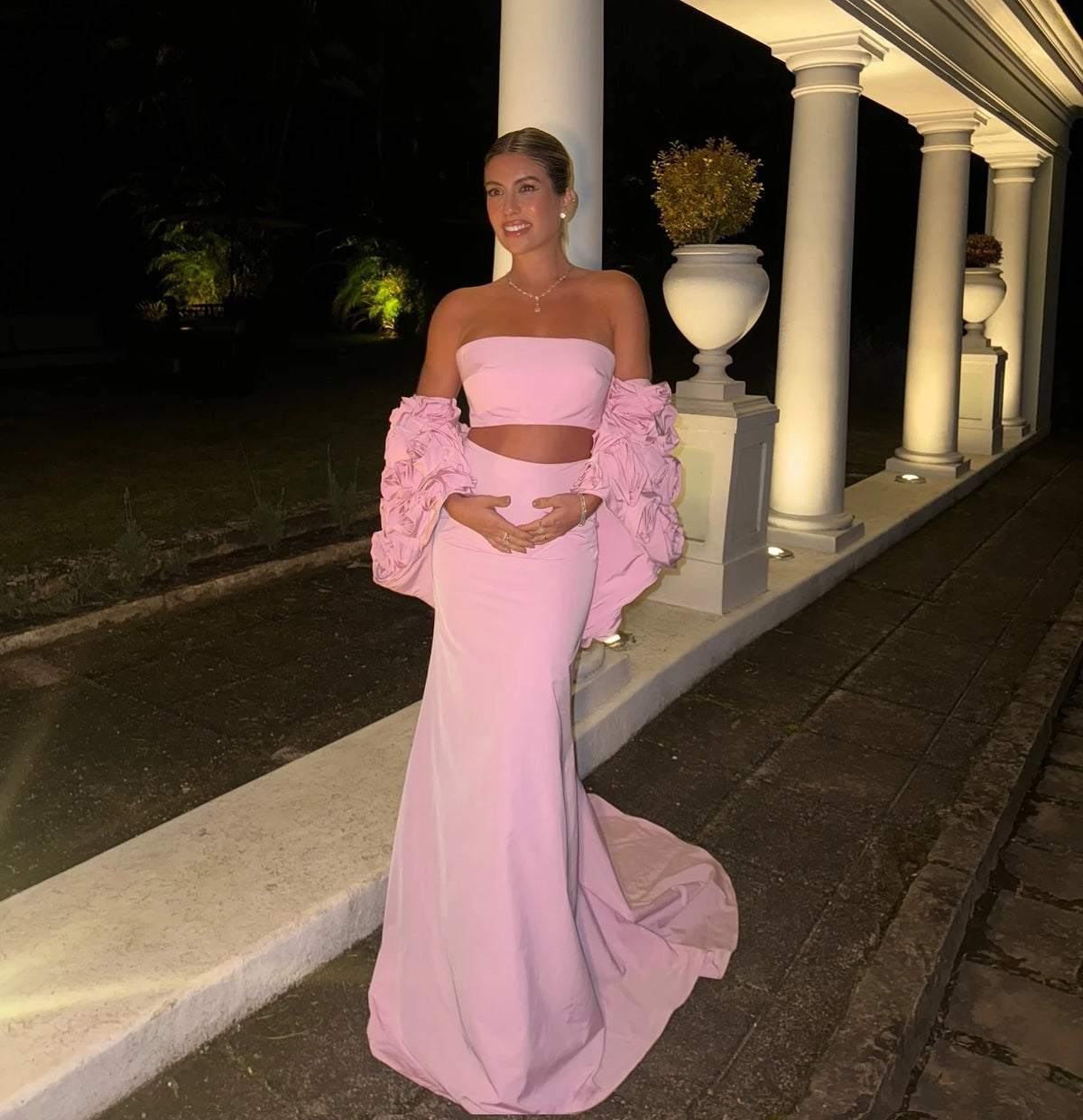 Vestidos de baile sensuais rosa de três peças com capa de flores e babados, sereia, longos vestidos de noite para gestantes