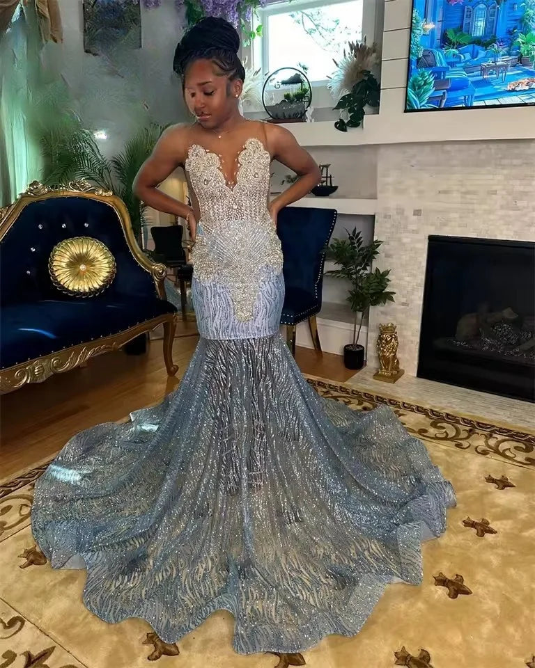 Robe de bal longue bleue pour filles noires, robe de soirée perlée, robe de célébrité, robe de fête d'anniversaire en cristal et diamant, personnalisée, 2025