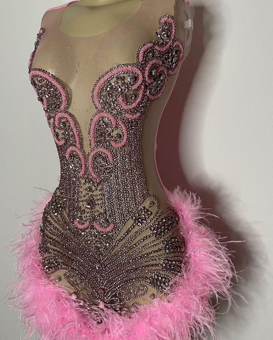 Vestidos de festa de aniversário curtos, luxuosos, transparentes, com brilhantes diamantes, rosa, penas, pretos, para meninas 