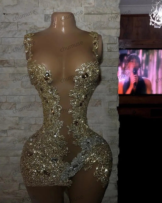 فساتين لحضور الحفلات الموسيقية القصيرة من vestidos de gala باللون الذهبي للنساء للحفلات والدانتيل السباغيتي مزين بالترتر فستان كوكتيل صغير رداء de soirée
