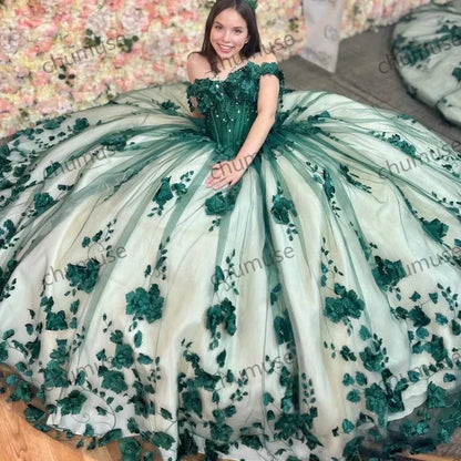 Vestidos de quinceanera verde ombro a ombro com tule, flores 3D, miçangas, concurso de beleza, aniversário 
